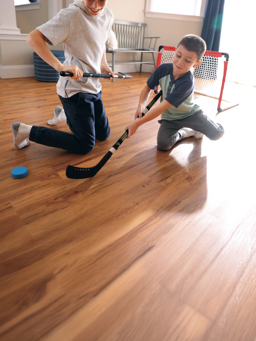 family running on vinyl floor